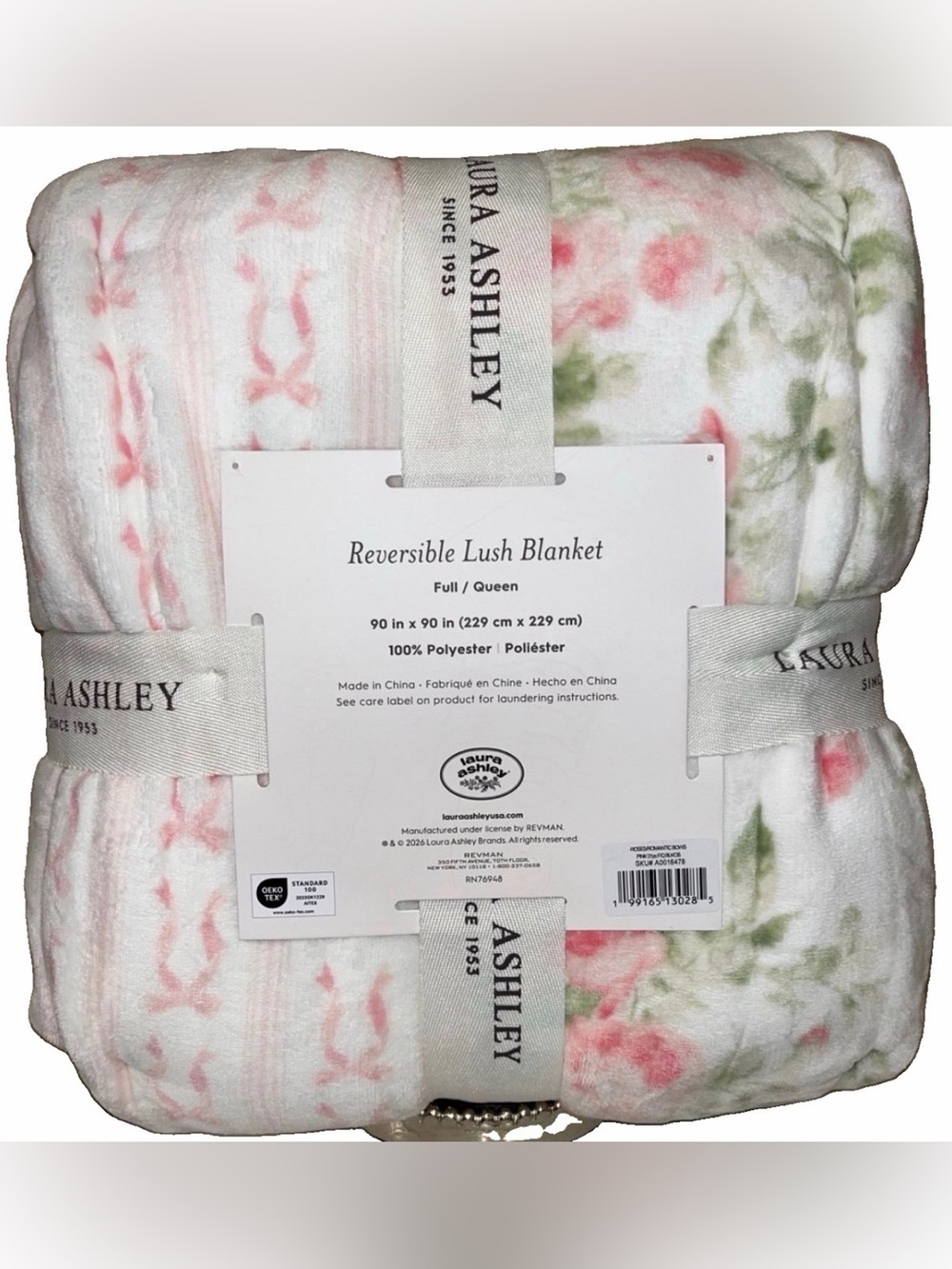 Laura Ashley pink bow rose floral romantic farmhouse reversible throw blanket - Picture 4 of 7